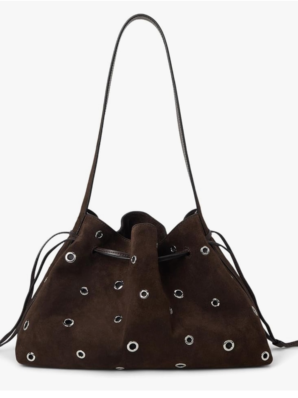 Madewell Drawstring Shoulder Bag in Dark Brown Suede with Silver Grommets
